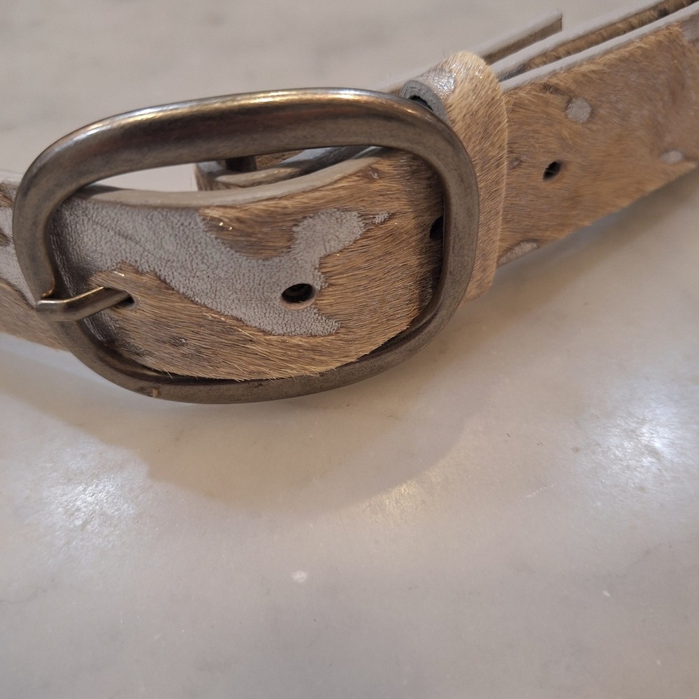 Hair on Hide Belt Womens M Silver Metallic Genuine Leather Western Boho 1.5 wide